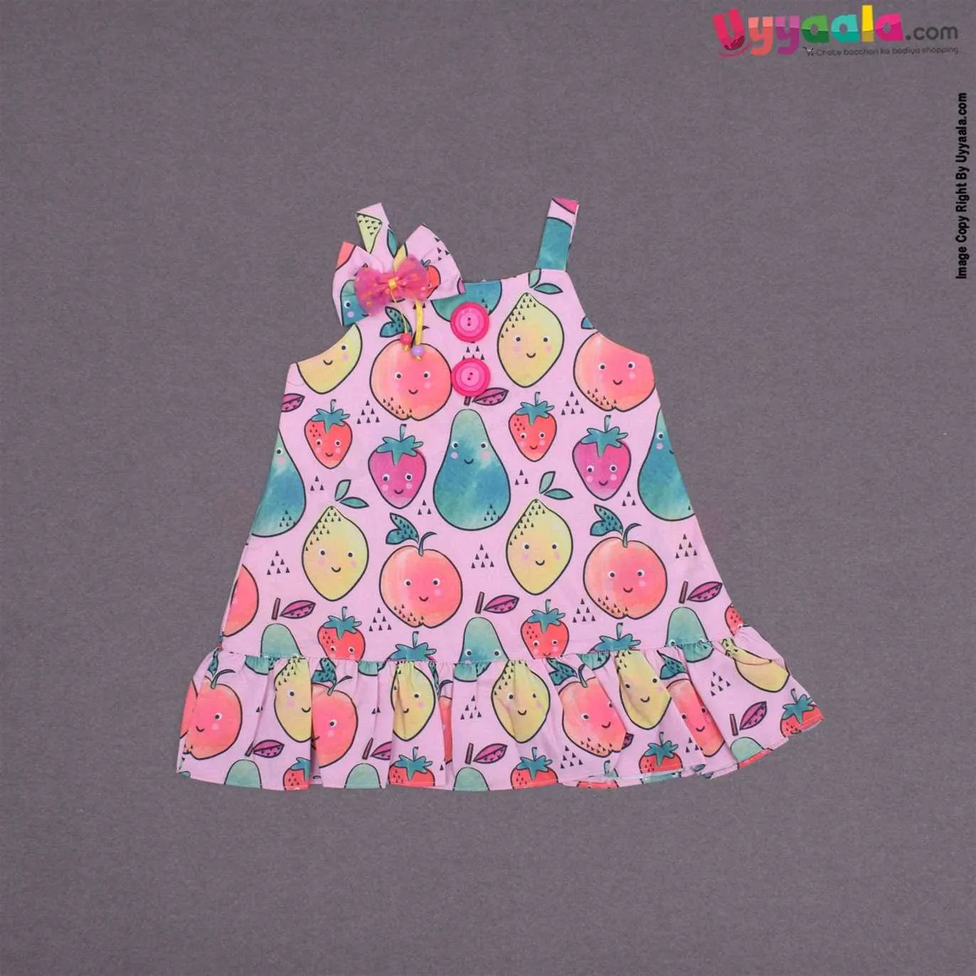 YELLOW DUCK Cotton sleeveless party wear frock for baby girl, back open zip model, pink with fruits print