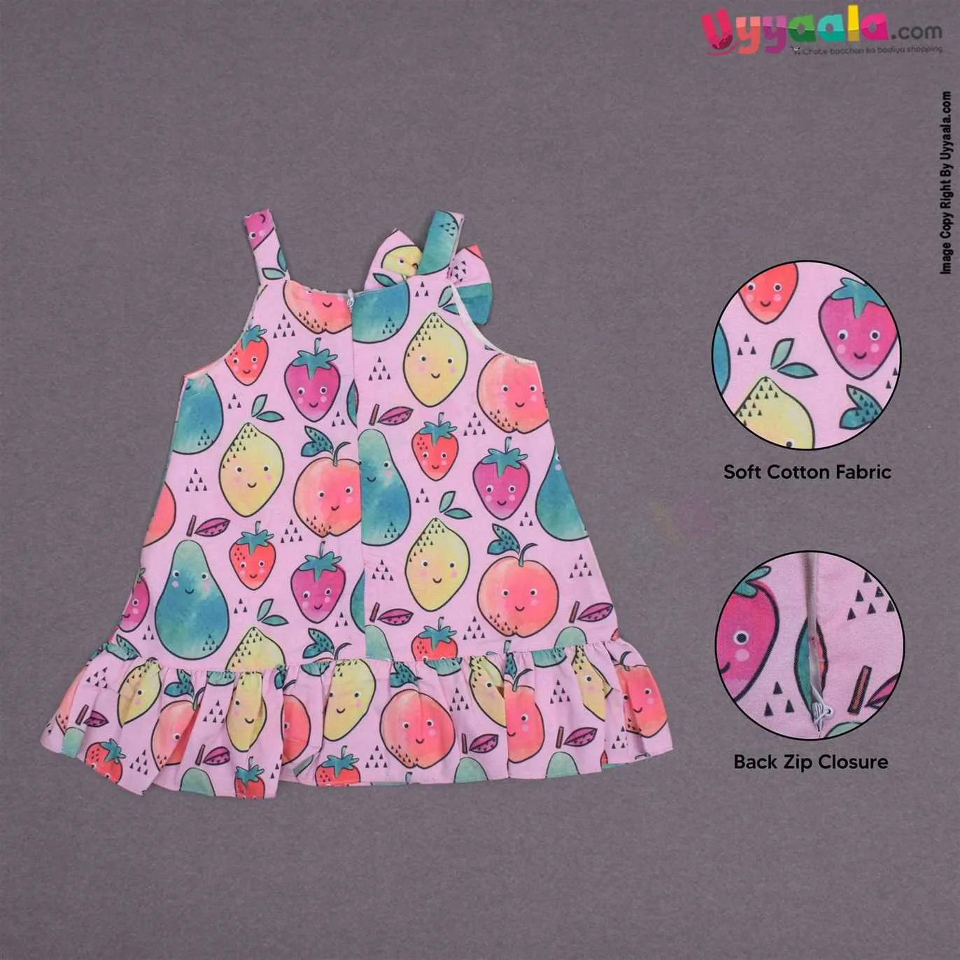 YELLOW DUCK Cotton sleeveless party wear frock for baby girl, back open zip model, pink with fruits print