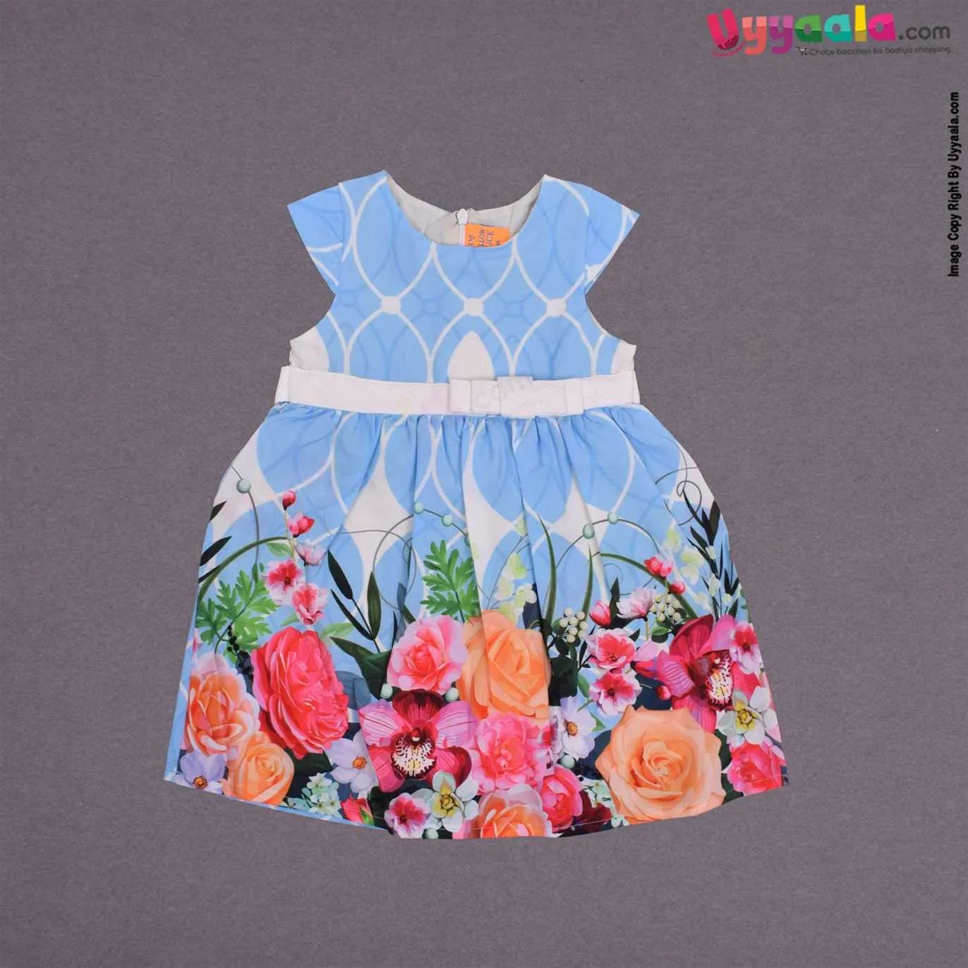 YELLOW DUCK Cotton sleeveless party wear frock for baby girl, back open zip model with belt, flowers print- Blue