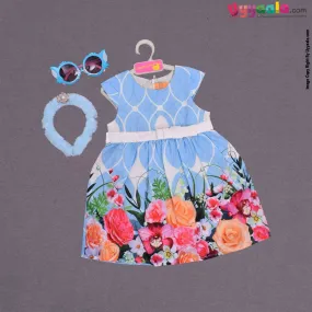 YELLOW DUCK Cotton sleeveless party wear frock for baby girl, back open zip model with belt, flowers print- Blue